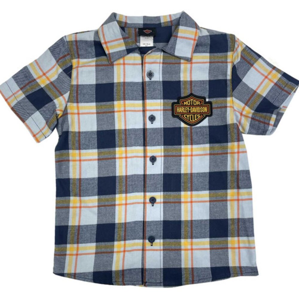 Harley-Davidson Little Boys' Bar & Shield Logo Plaid Short Sleeve Shirt Blue